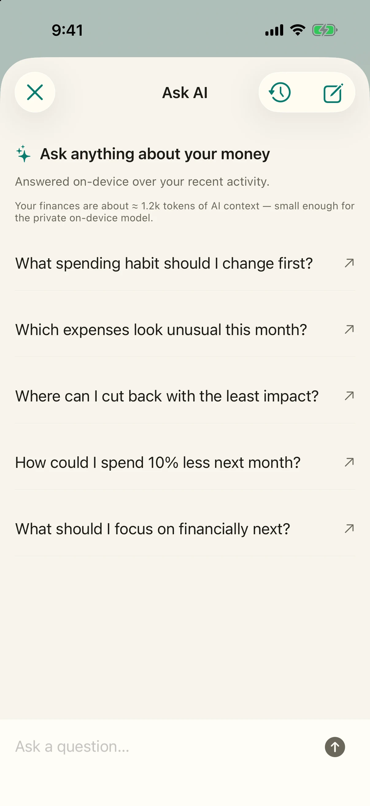 Simply Finance Ask AI showing questions grounded in the user’s own finance history
