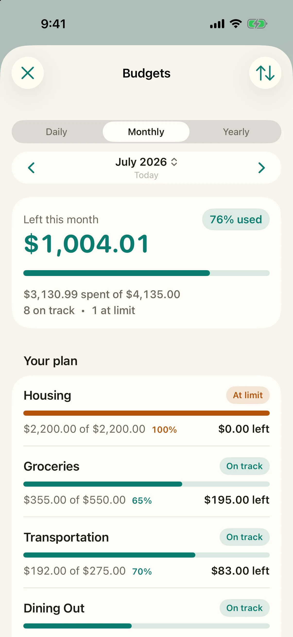 Simply Finance category budgets showing spent and remaining amounts