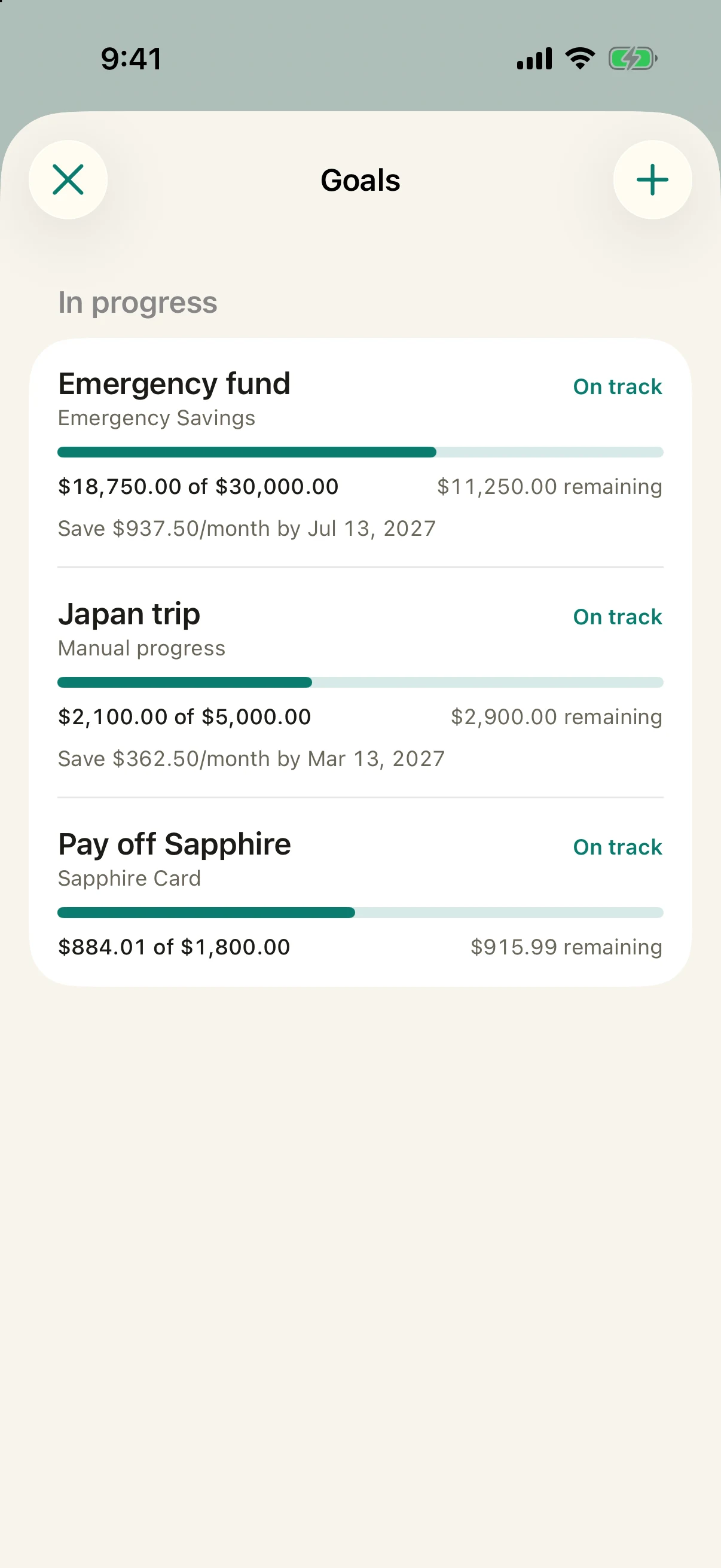 Simply Finance goals showing emergency savings, travel, and credit card payoff progress