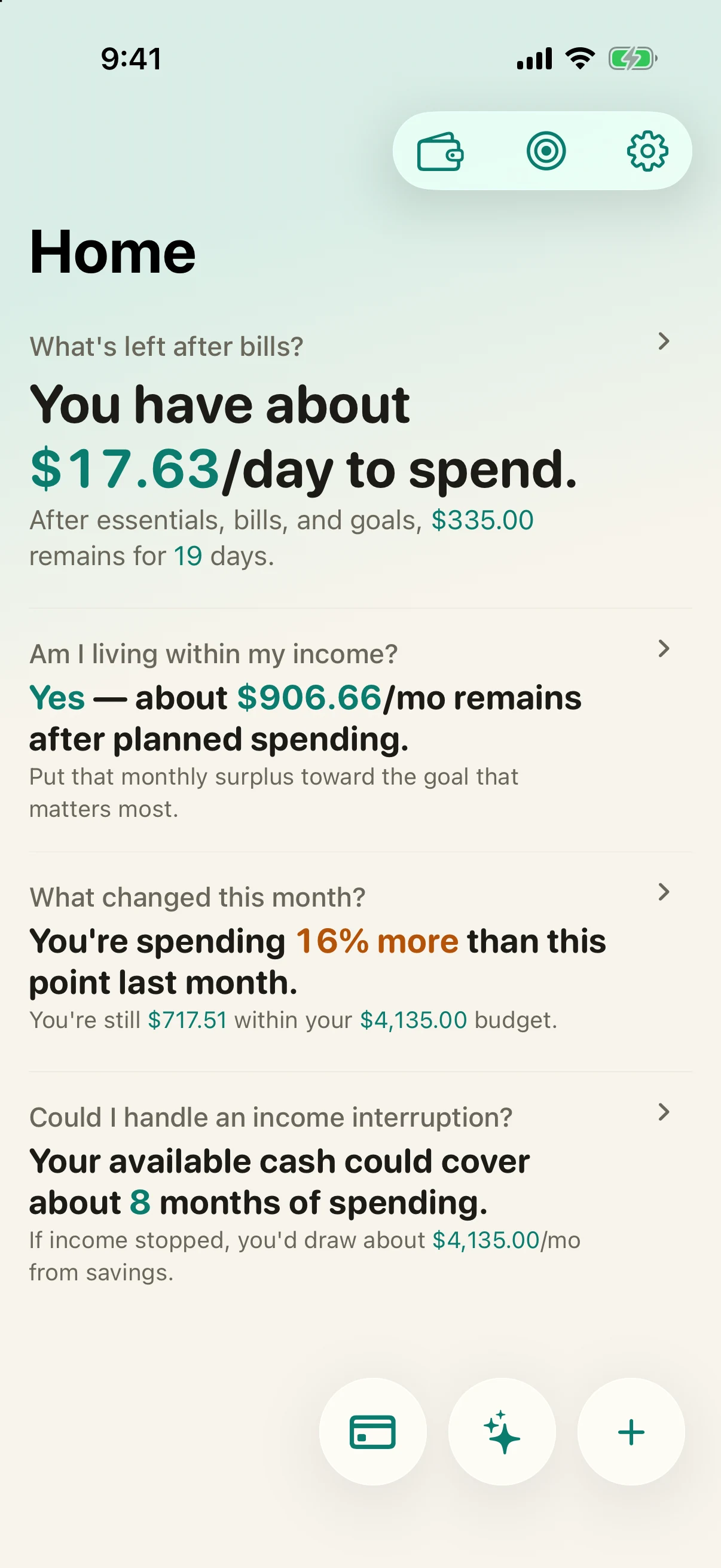 Simply Finance Home showing plain-language answers about daily spending and financial runway