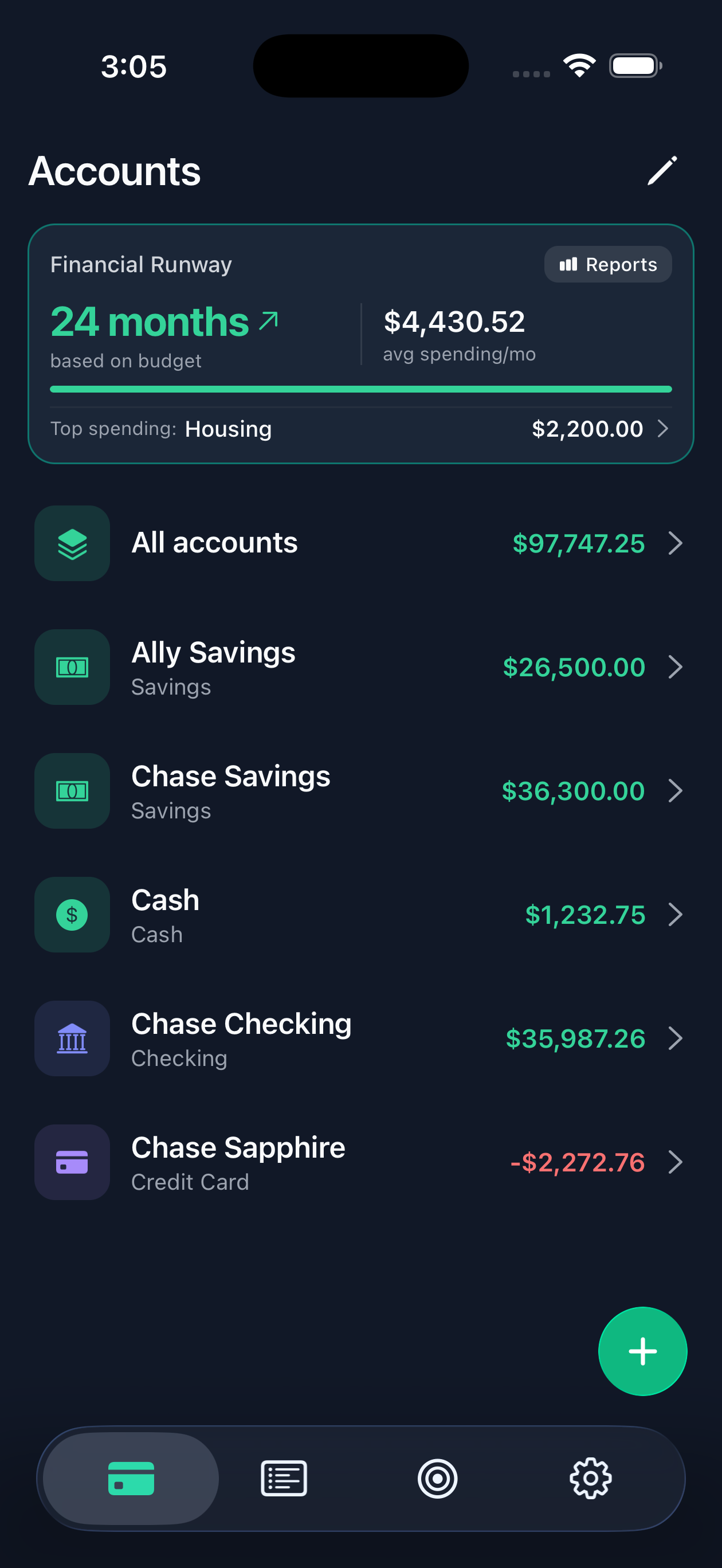 Simply Finance accounts screen
