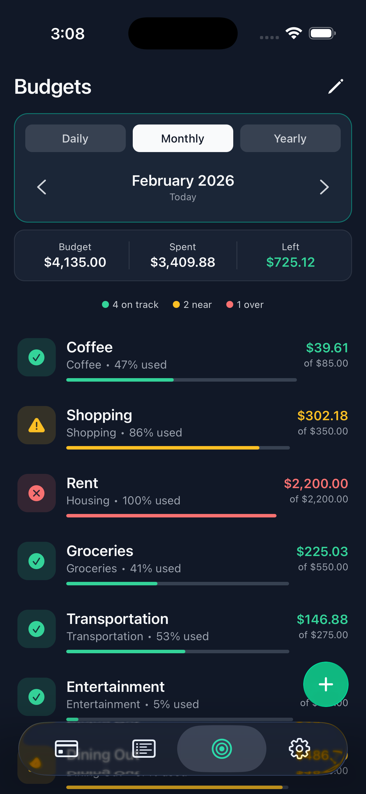 Simply Finance budgets screen