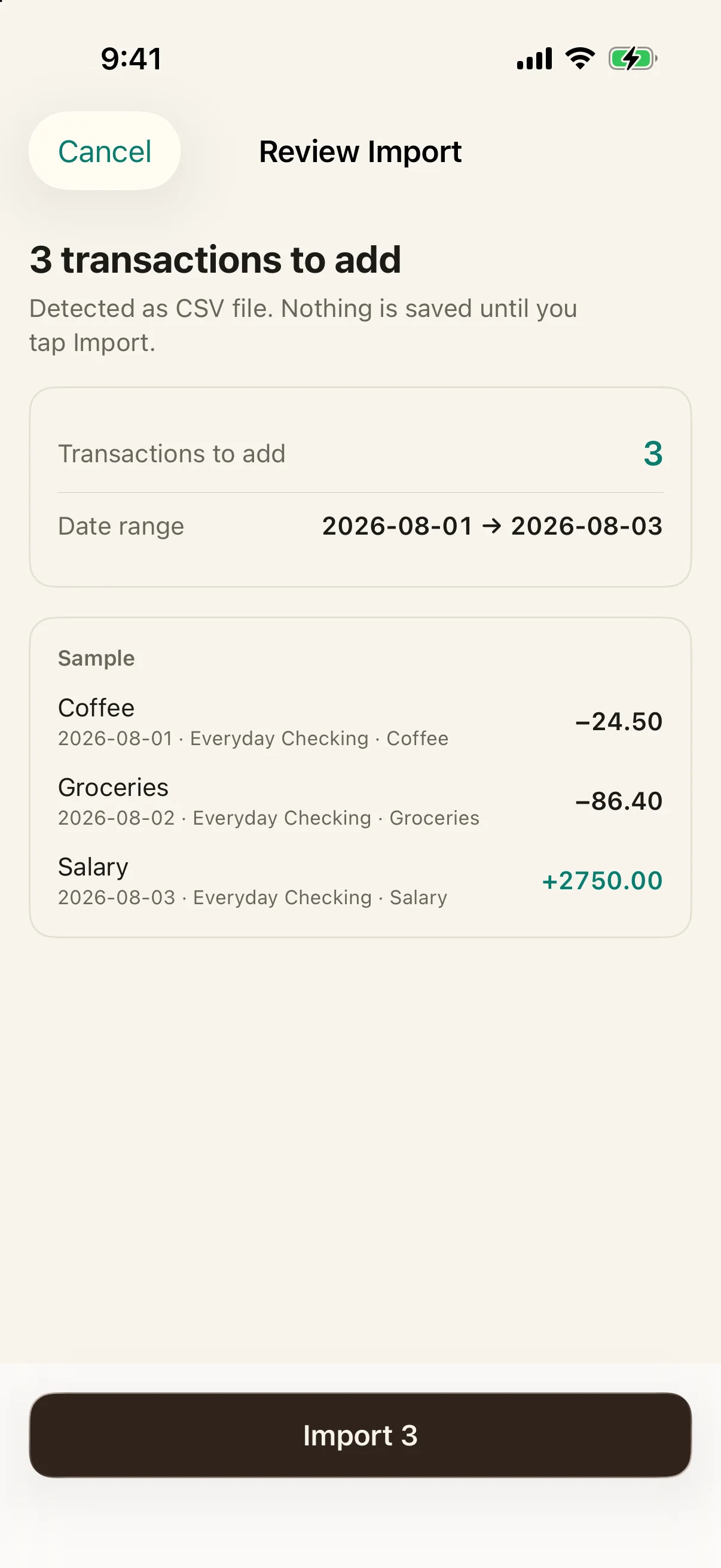 Simply Finance import preview showing transactions, accounts, categories, dates, and duplicate detection before saving