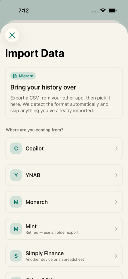 Simply Finance import screen for Copilot, YNAB, Monarch, Mint, Simply Finance, and other CSV files