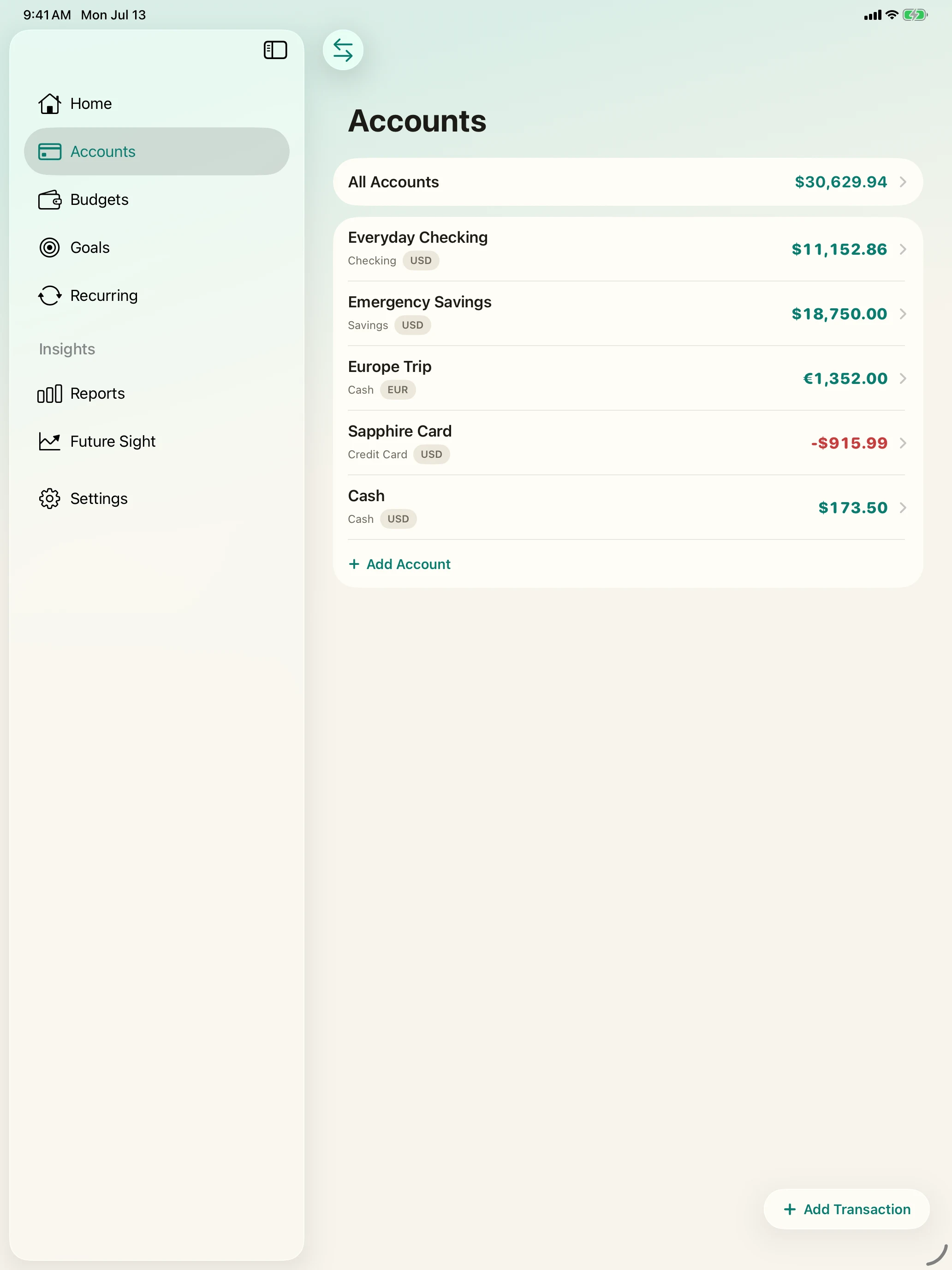 Simply Finance multi-currency accounts on iPad with a visible USD exchange-rate control
