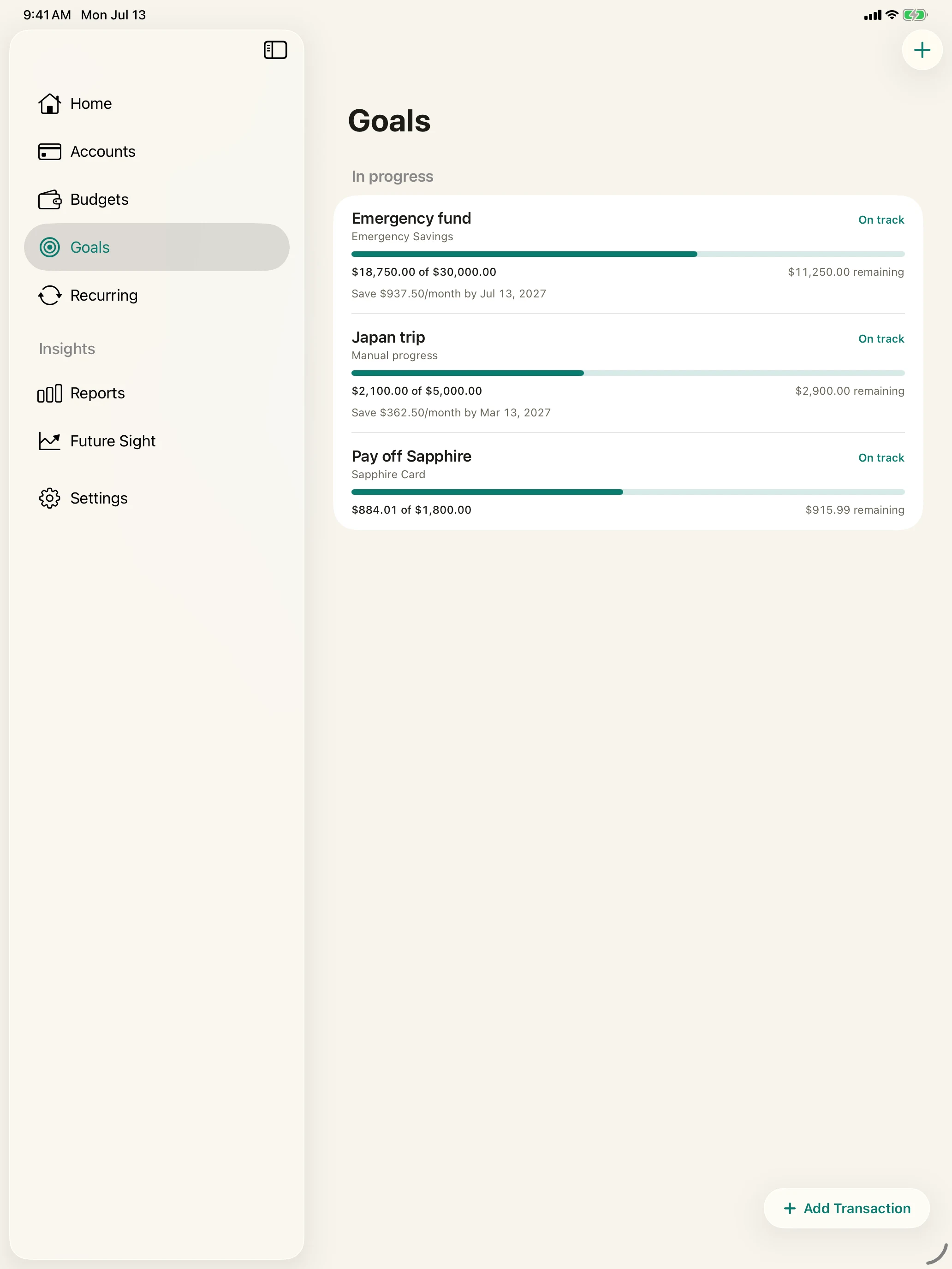 Simply Finance goals on iPad showing an emergency fund, Japan trip, and card payoff