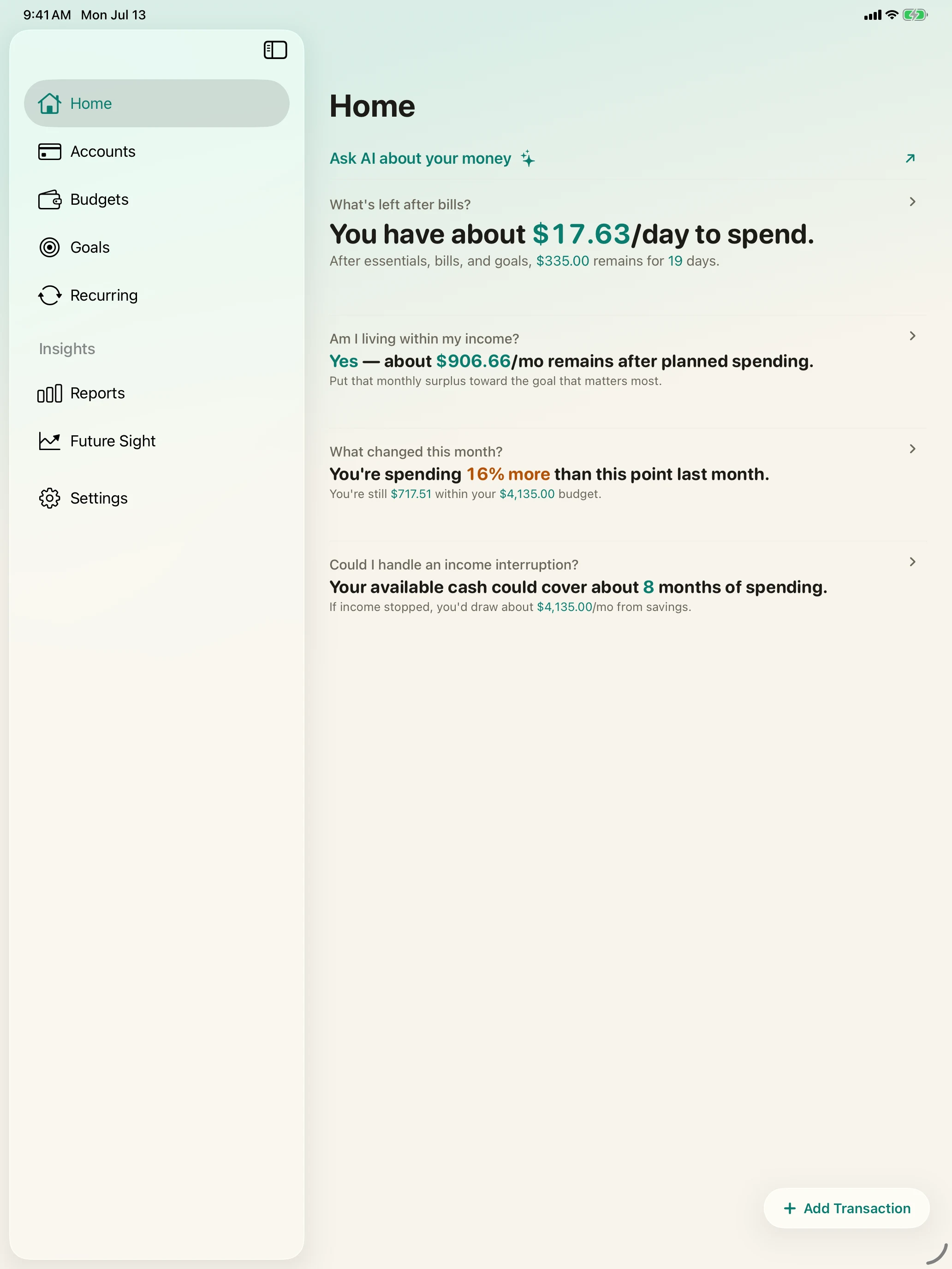 Simply Finance Home on iPad with persistent sidebar navigation and plain-language financial answers