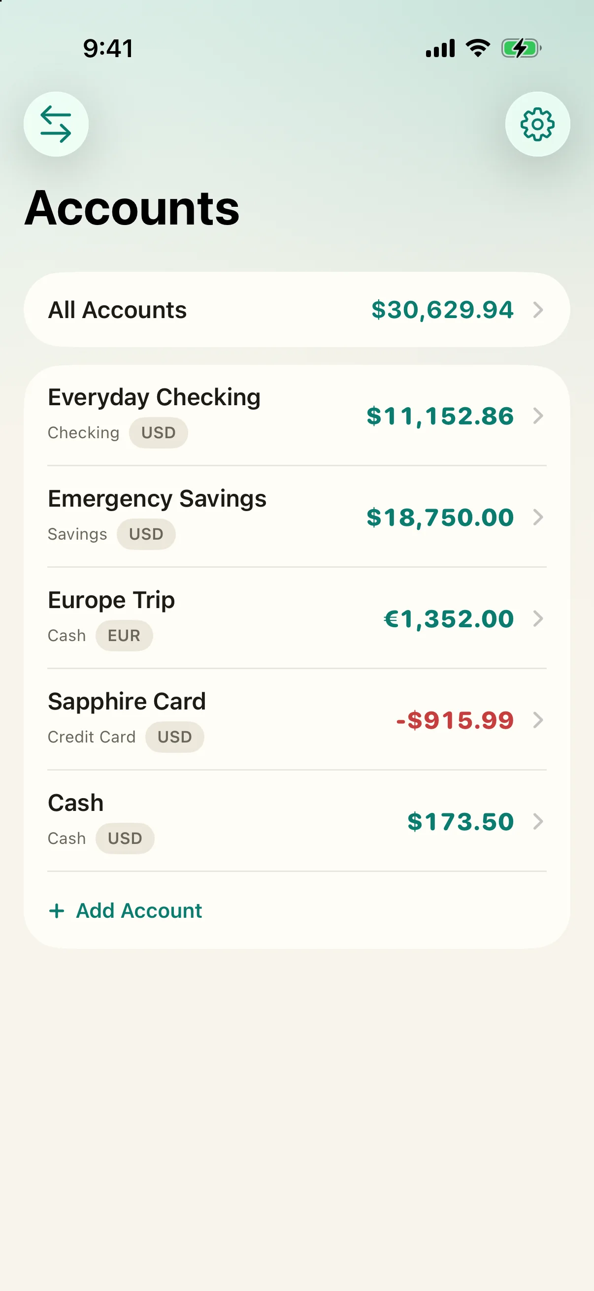 The Accounts screen showing checking, savings, and cash balances