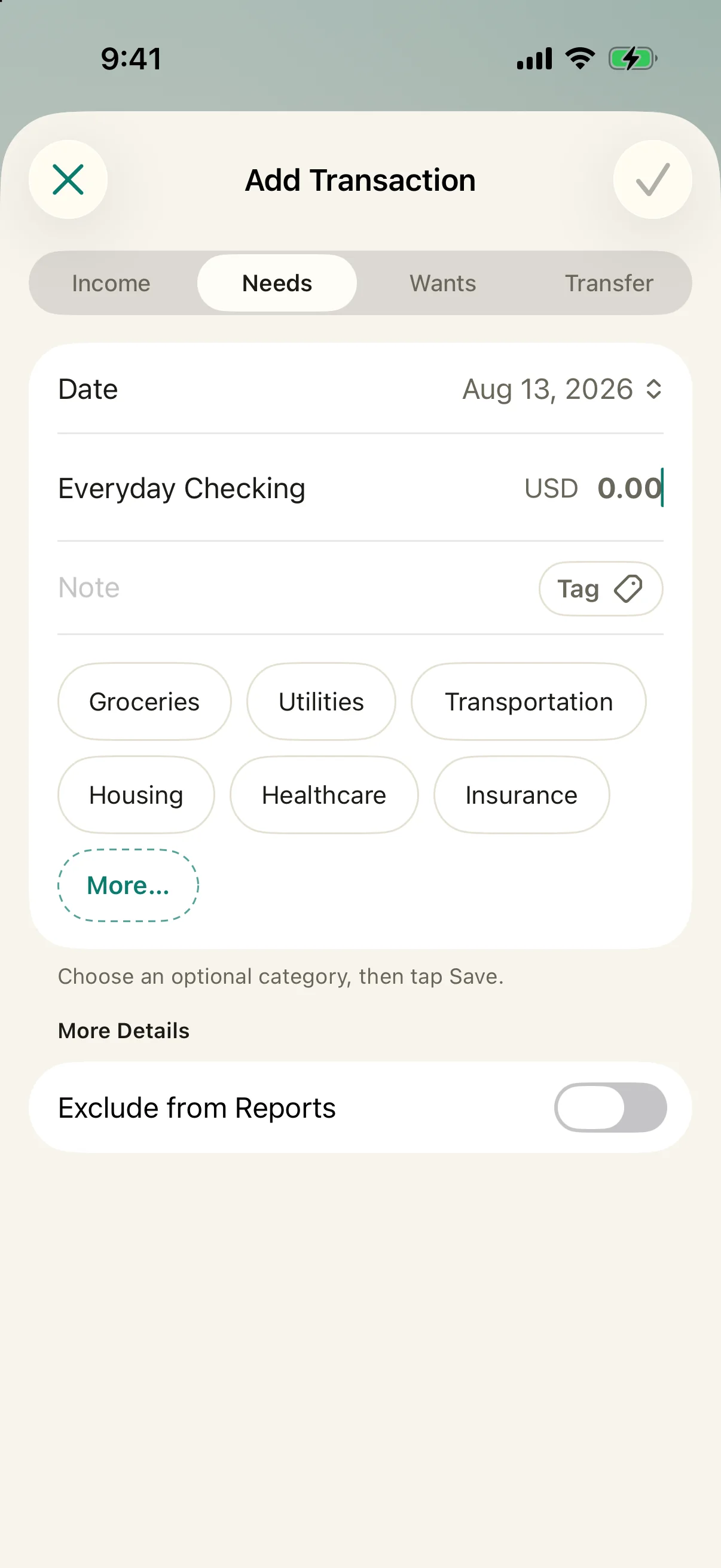 Add Transaction showing amount entry and category buttons that save when tapped