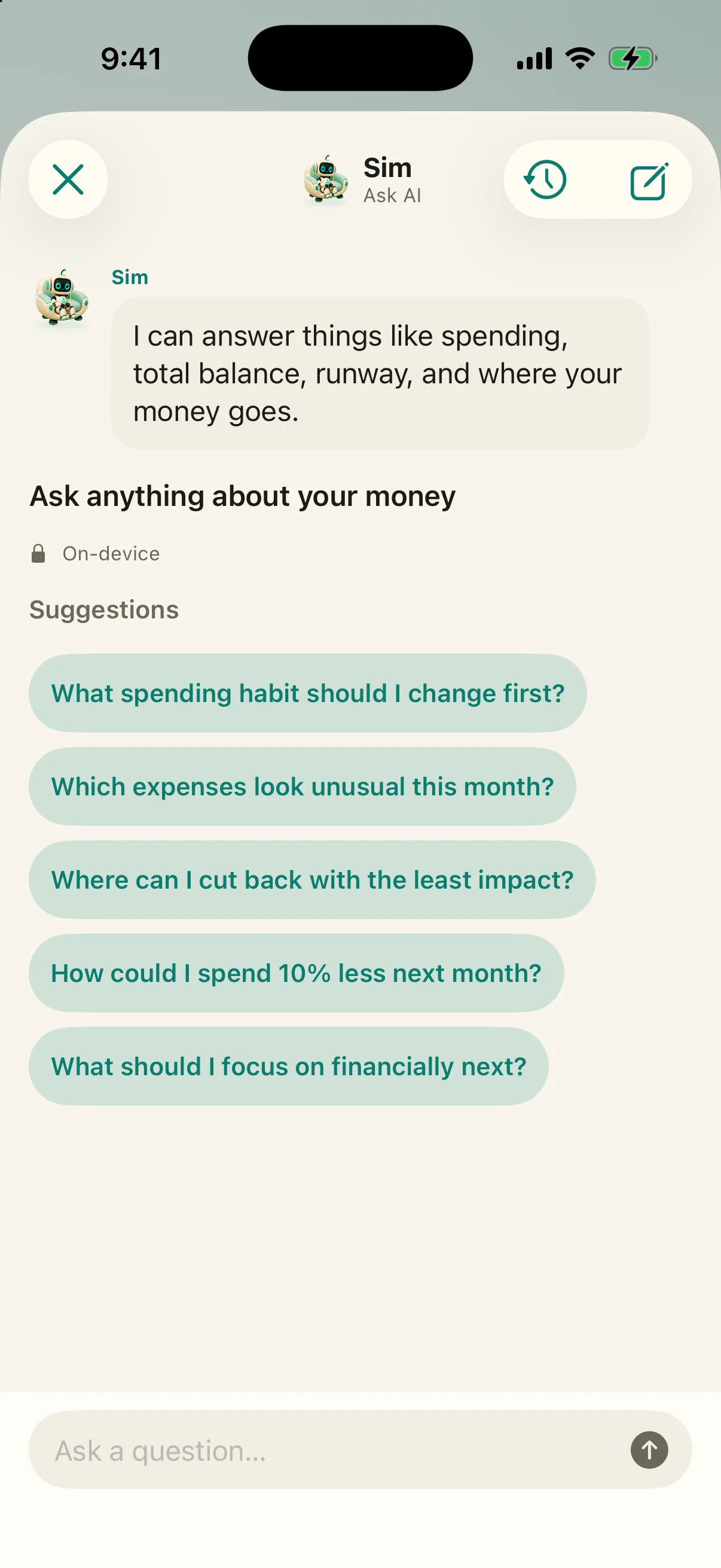 Ask AI about your money in Simply Finance
