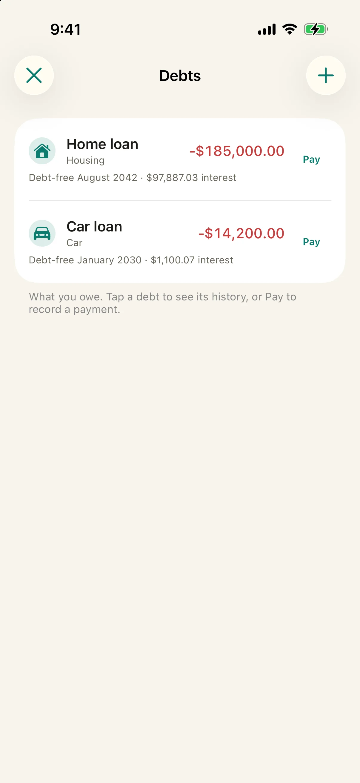 Simply Finance debts showing estimated payoff dates and total interest for a home and car loan
