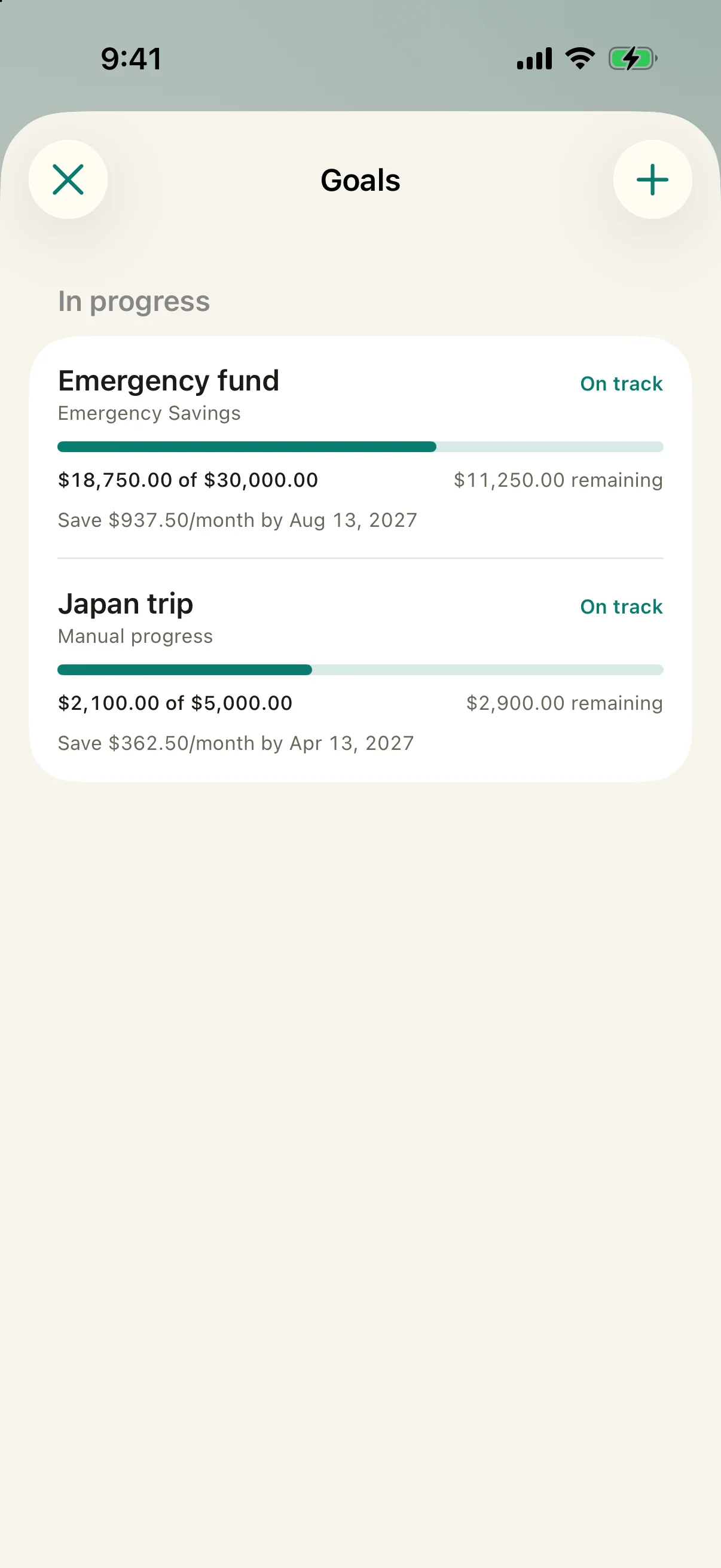 Savings and debt-payoff goals in Simply Finance