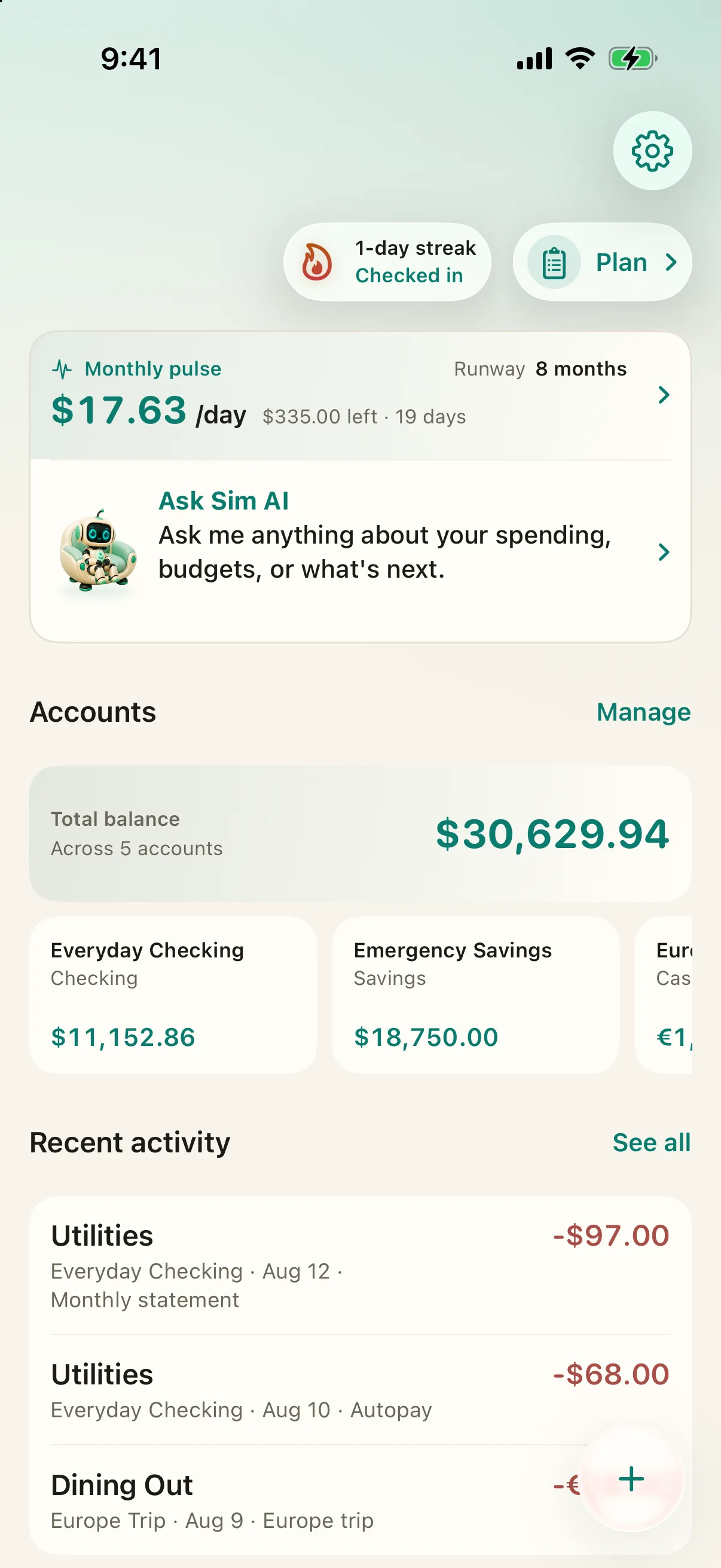 The home screen showing Financial Runway and balance projection
