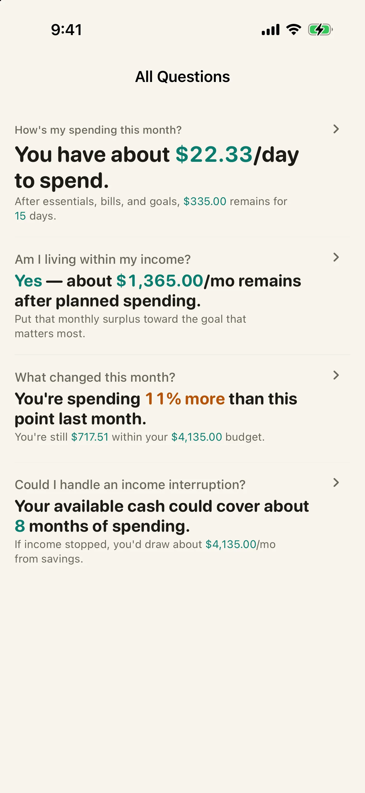 Simply Finance question list answering how spending is going, whether income covers the plan, and what changed