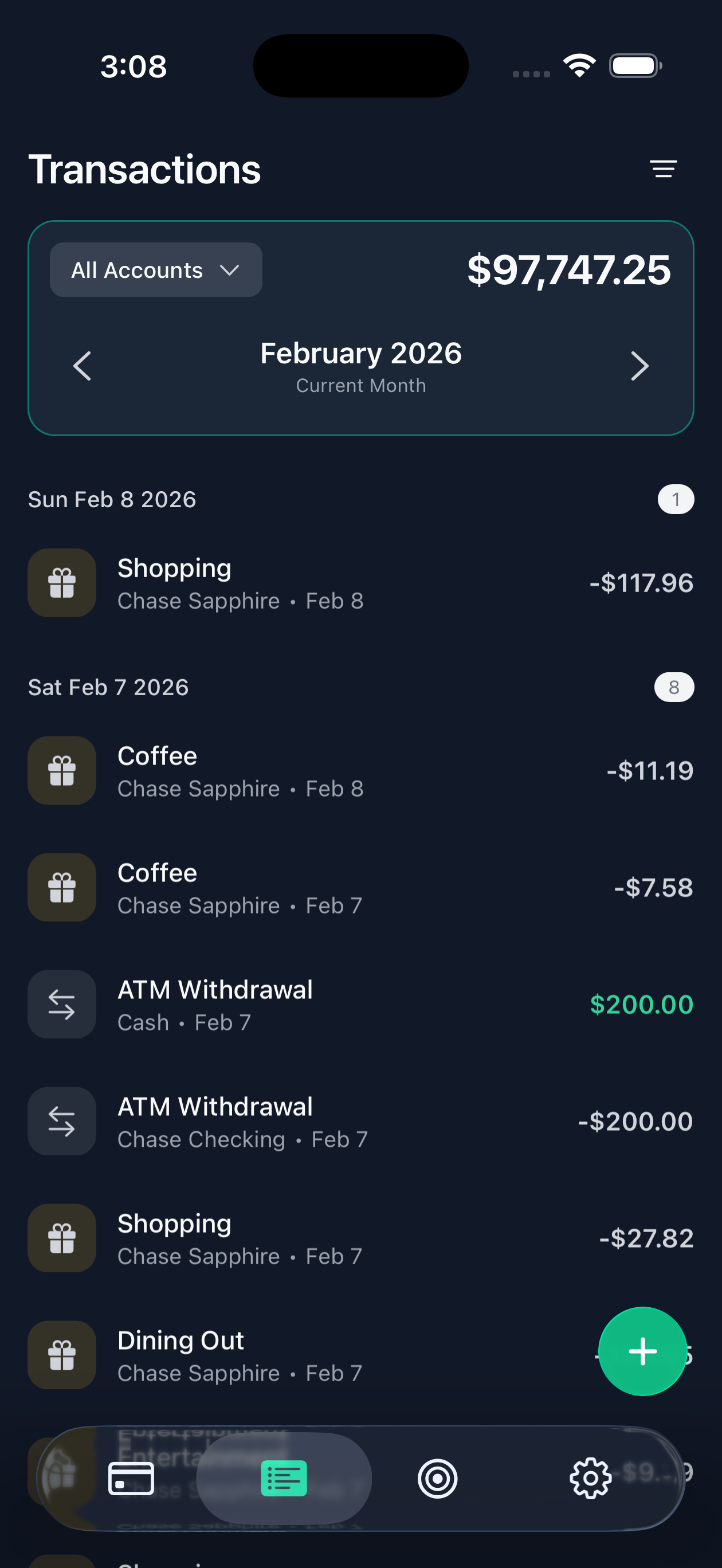Simply Finance transactions screen